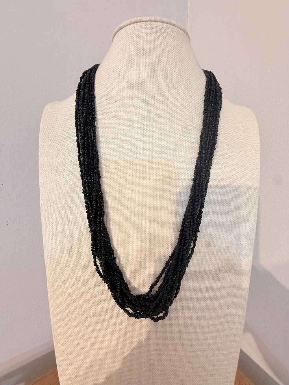 Vintage Black Multi Strand Seed Bead Necklace 28” Layered Statement